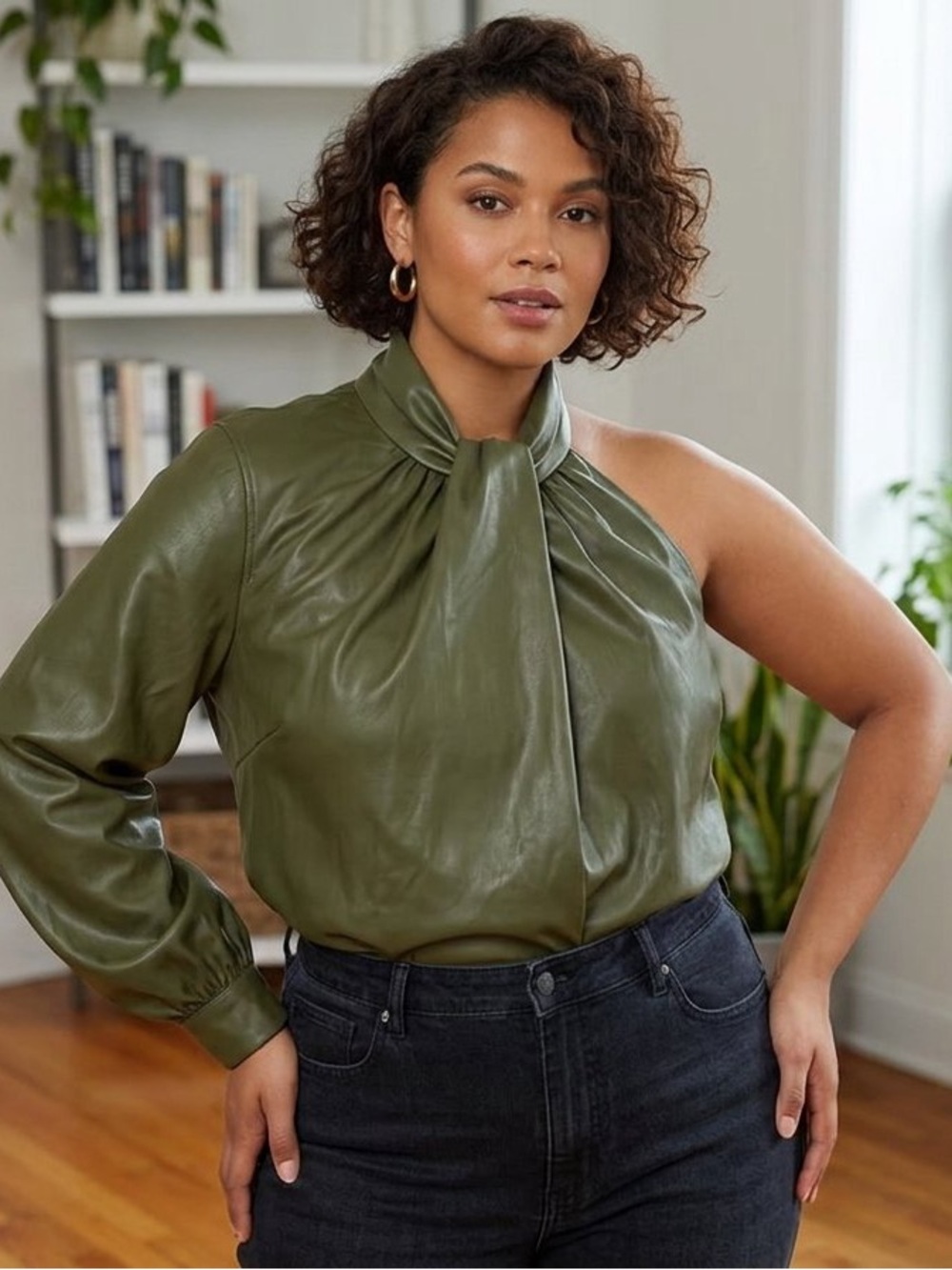 Eloquii Olive Green Faux Leather High-Neck Jacket